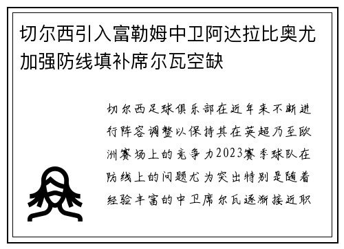切尔西引入富勒姆中卫阿达拉比奥尤加强防线填补席尔瓦空缺