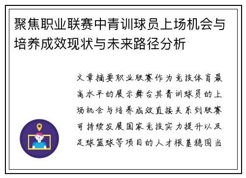 聚焦职业联赛中青训球员上场机会与培养成效现状与未来路径分析